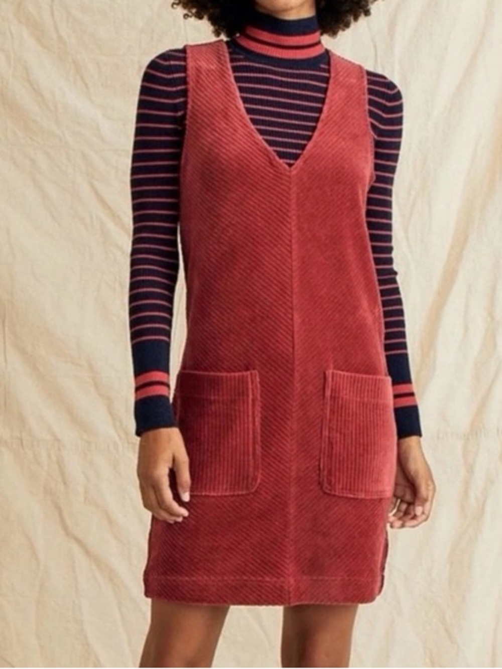 Marine Layer Millie Leighton Velour Ribbed Corduroy V-Neck Pocket Dress Sz Large